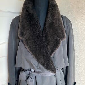 Louis Feraud: Grey All-Weather Trench Coat With Removable Fur Collar